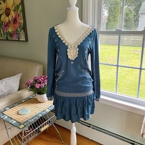 Y2K Charlotte Russe Boho Mini‎ Dress Blue Crochet Embroidered Festival Hippie S